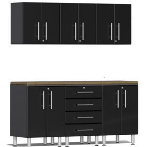Ulti-MATE Garage Cabinets 2.0 Series Black Metallic 7-Piece Set with Bamboo Worktop