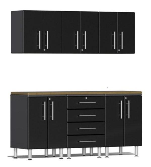 Ulti-MATE Garage Cabinets 2.0 Series Black Metallic 7-Piece Set with Bamboo Worktop